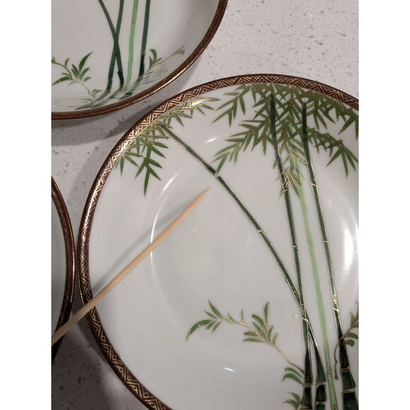 3 soup bowls Kutani Eggshell China 7.5" Bamboo Geometric Border Japan Pre-1930 - Picture 8 of 14